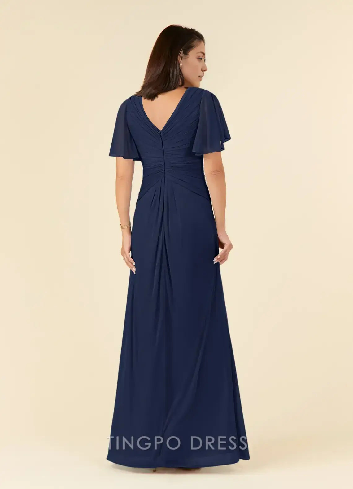 TingPo Wholesale Elegant Dark Navy A-Line V-Neck Pleated Mesh Dress